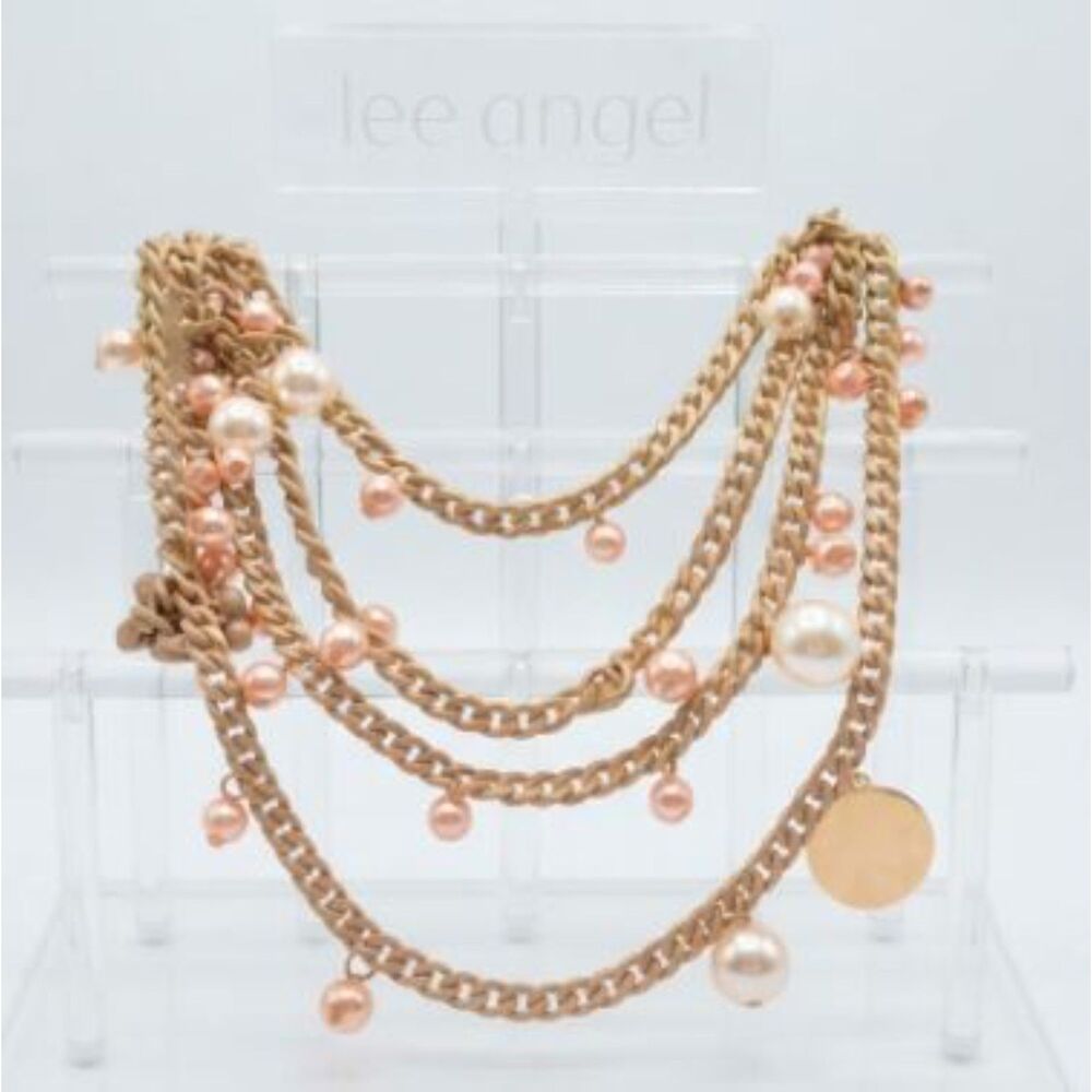 Lee Angel Women's Multi Strand Chain Pearl Disc Layered Long Necklace NWT 198